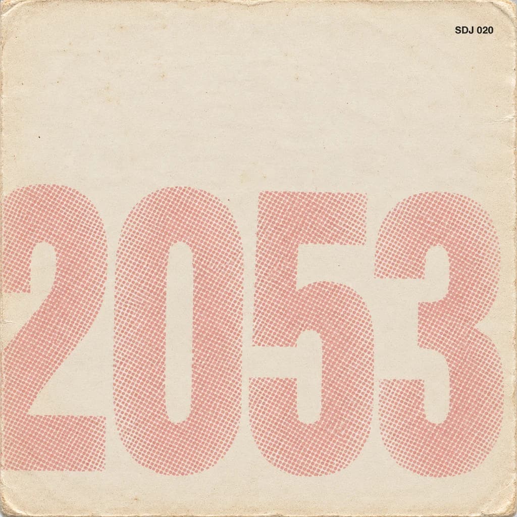 The reverse of the sleeve: the big 2053 reads the right way round in pale crimson halftone, as if seen through the paper.