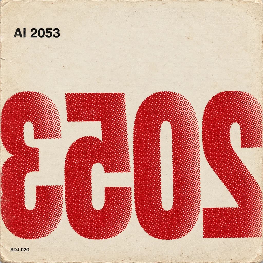 A small black AI 2053 above its own reflection: a huge mirrored 2053 in crimson halftone dots filling the sleeve.