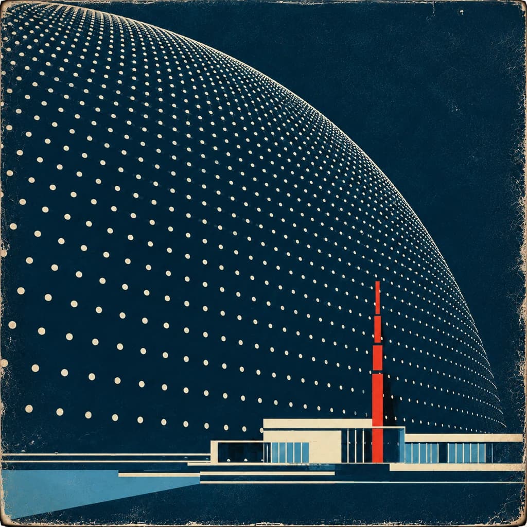 Vast cream-dotted dome arcs across a navy sky over a low modernist pavilion and a single red relay tower.
