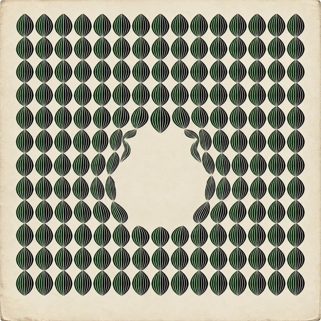 Green-and-black striped basil modules surround a cream pot-shaped void on worn paper.