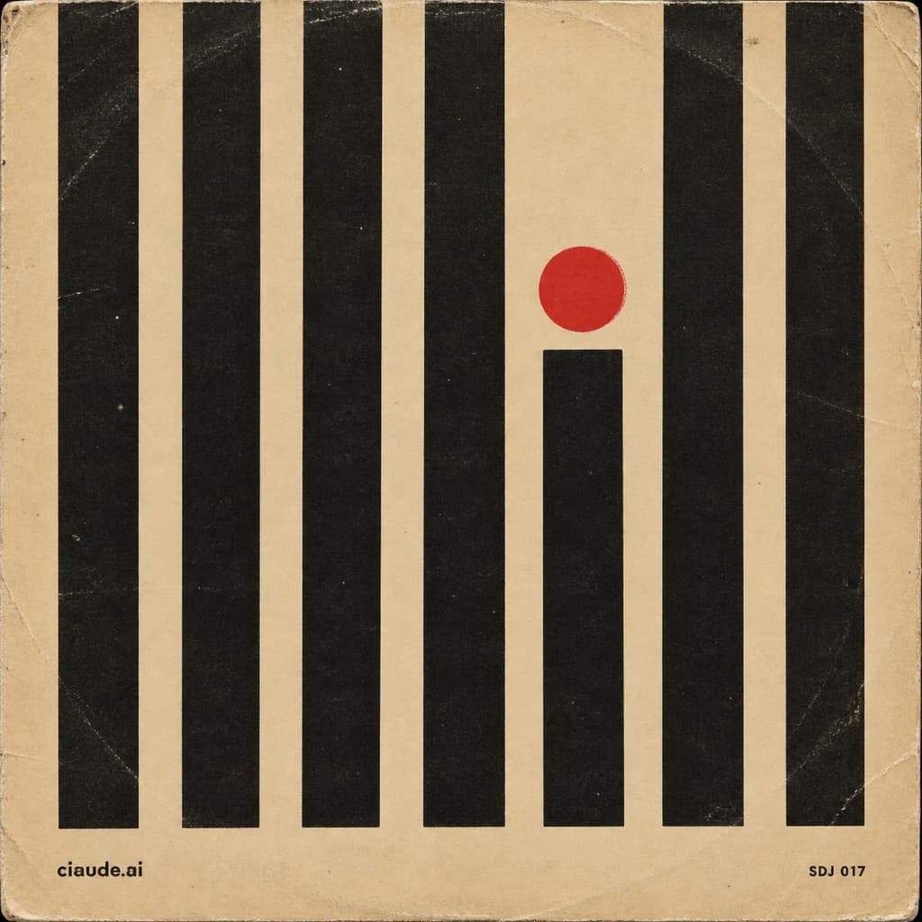 Seven tall black bars on manilla; the fifth is a lowercase i, its stem stopping short under one red dot.
