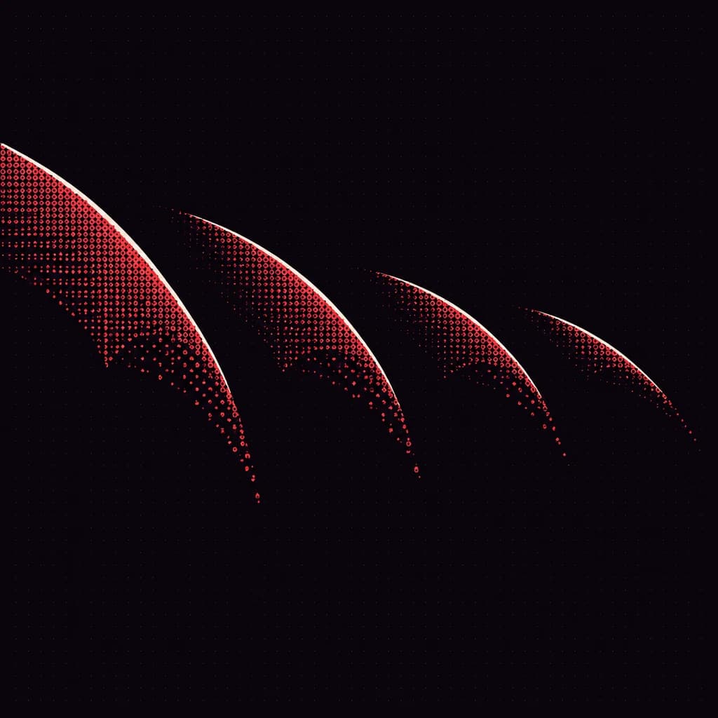 Four curved coral glyph fragments repeat across a dark field, each dissolving into scattered marks.