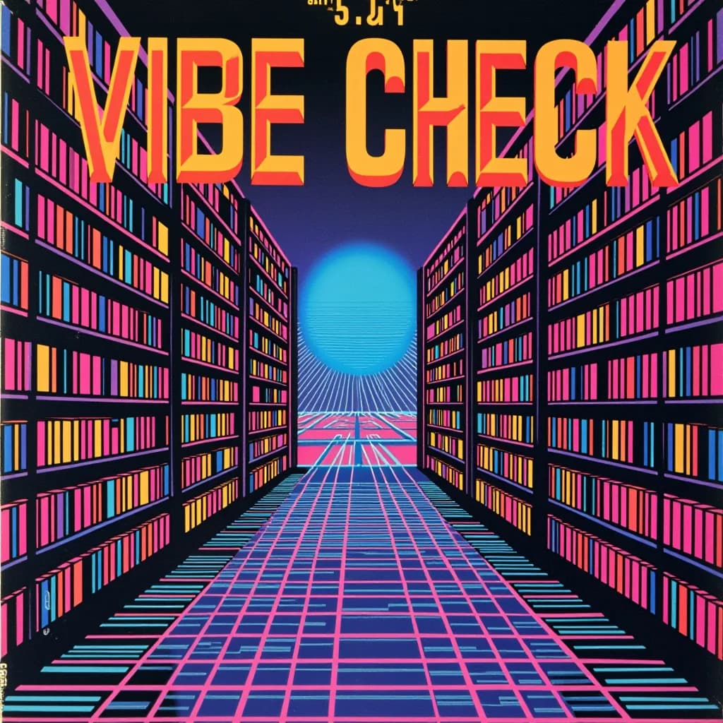 A neon library corridor recedes toward a blue portal beneath the title Vibe Check.