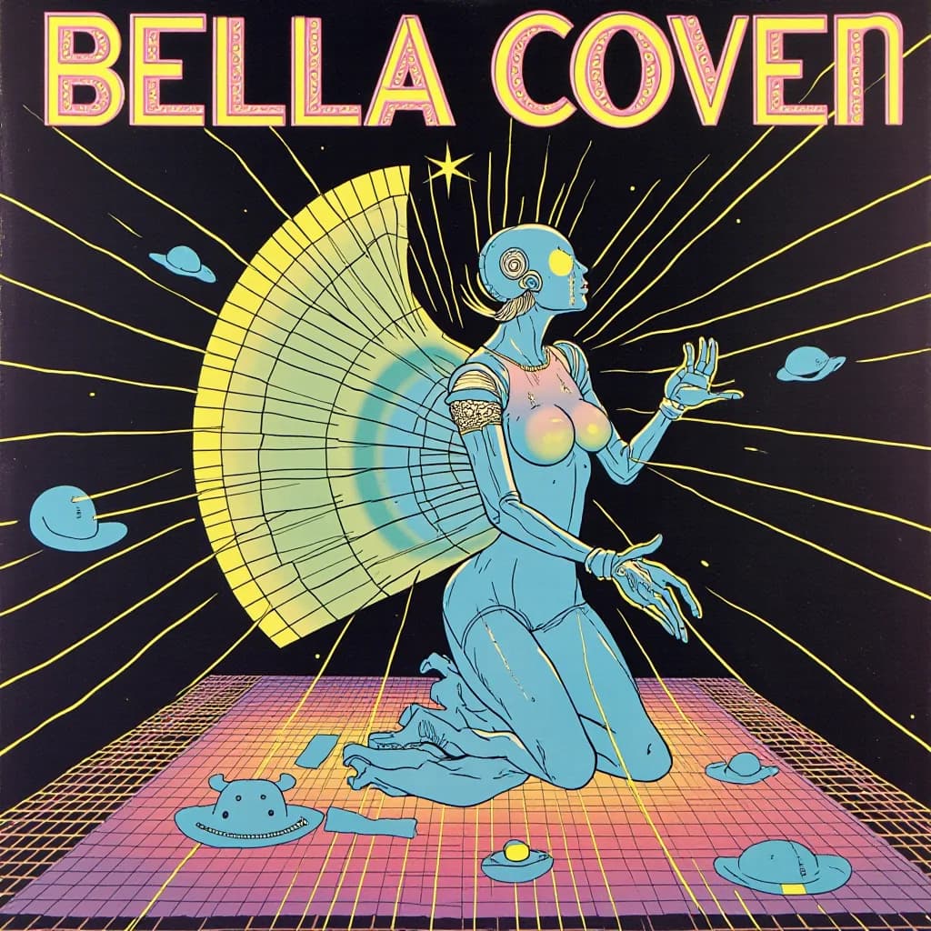 A blue retrofuturist android poses on a radiant grid beneath the title Bella Coven.