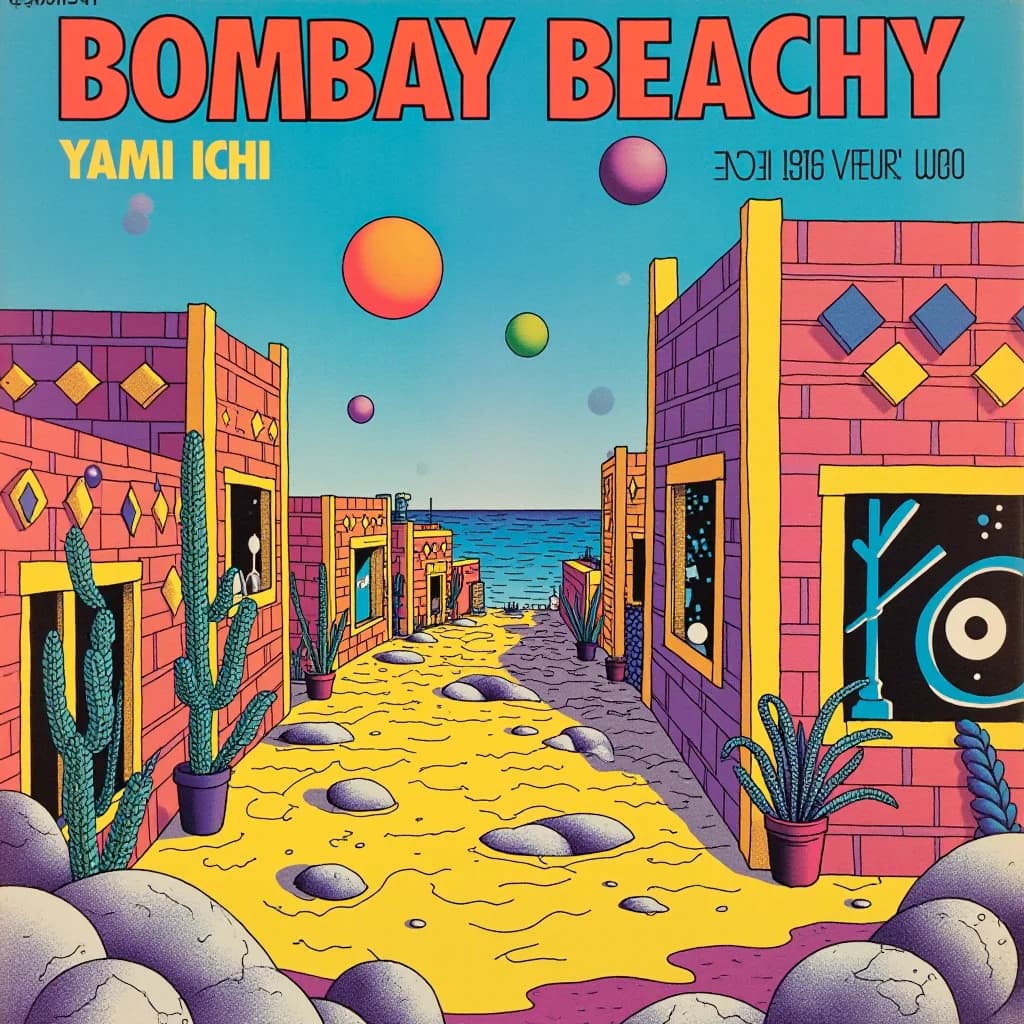 A surreal, brightly colored desert main street beneath the title Bombay Beachy Yami Ichi.
