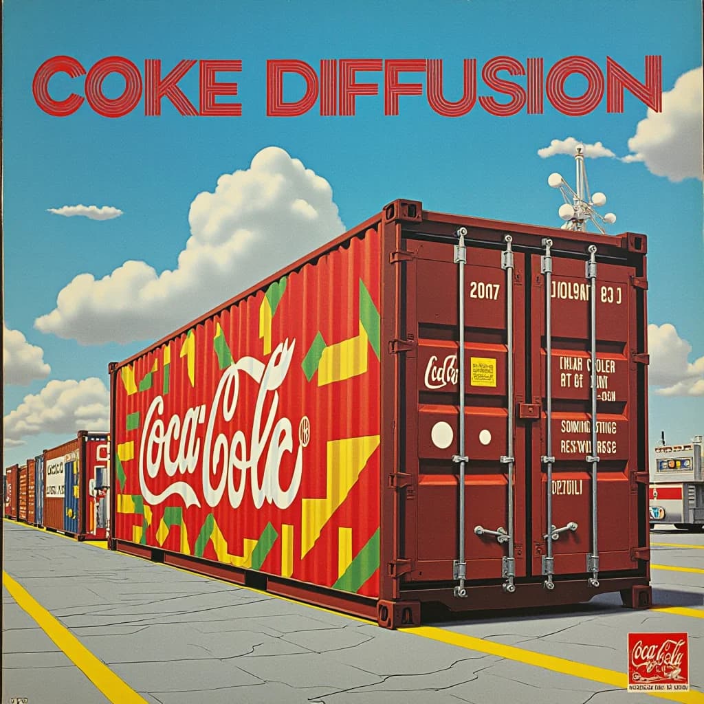 A red Coca-Cola-branded freight container sits in a desert rail yard beneath the title Coke Diffusion.