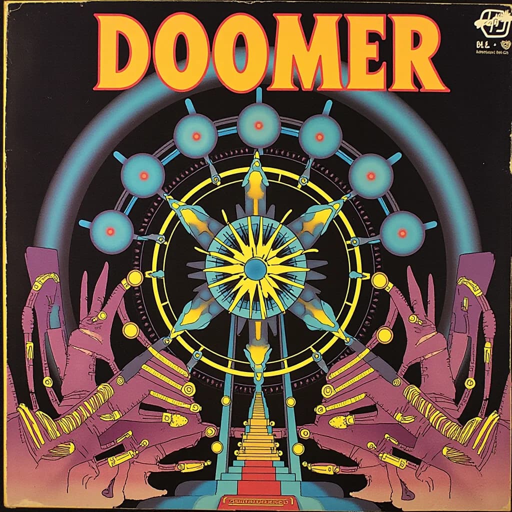 A ring of screens, reaching hands, and a central mechanical eye beneath the title Doomer.