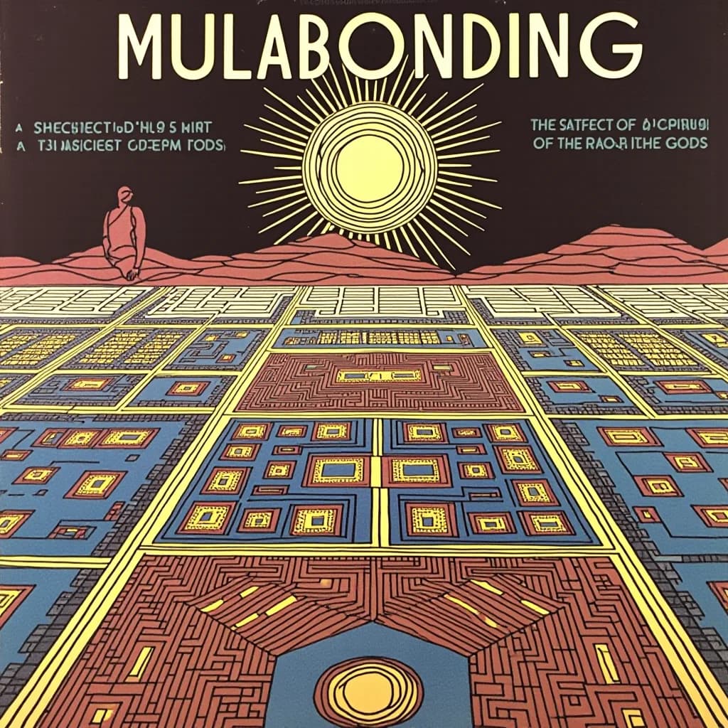 A desert horizon and radiant sun open onto an intricate geometric floor beneath the title Mulabonding.