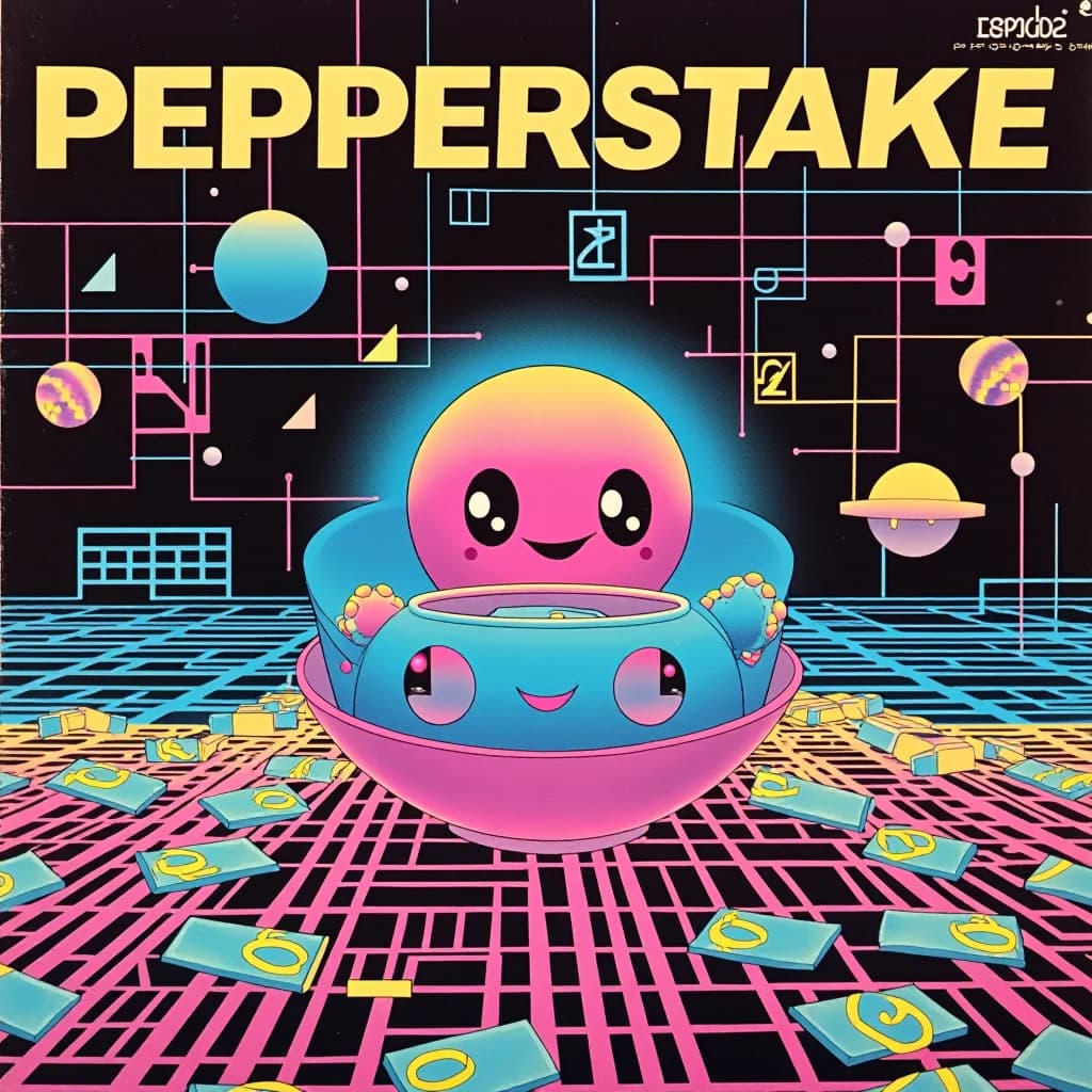 A cheerful pink alien rides a saucer across a neon grid beneath the title Pepperstake.