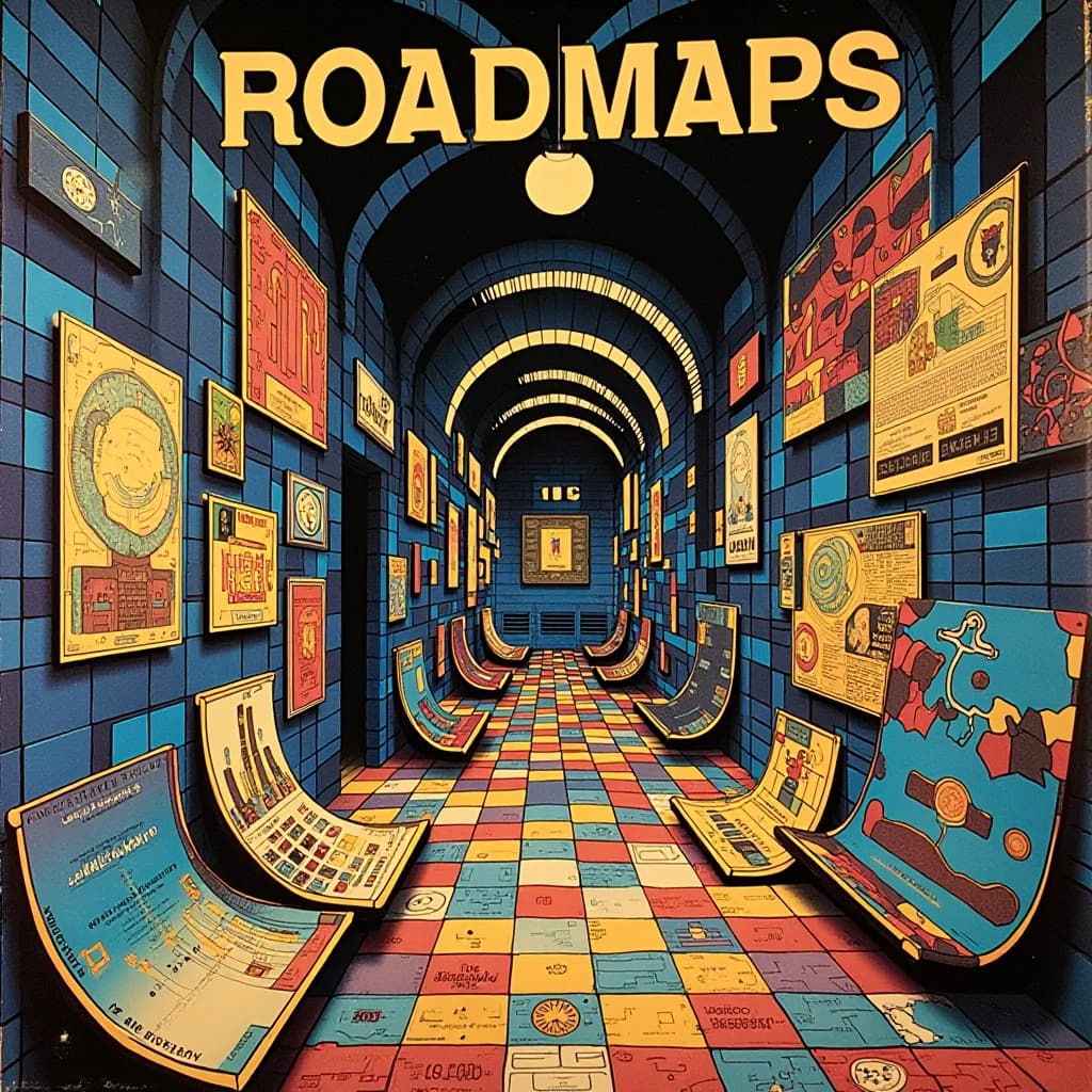 A luminous archive corridor lined with screens and paper beneath the title Roadmaps.