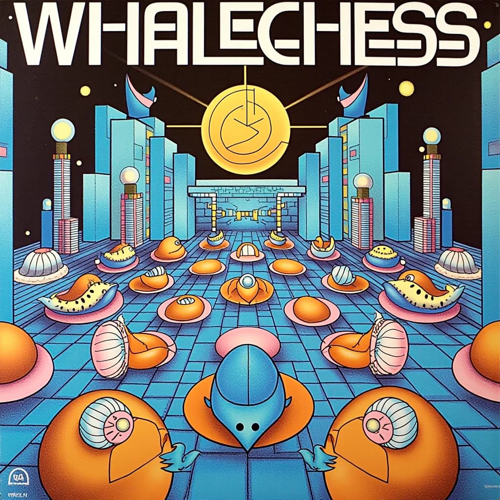 A retrofuturist chess board populated by whale-shaped pieces beneath the title Whalechess.